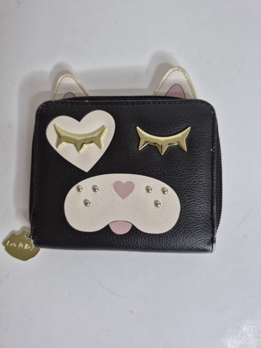Luv Betsey Johnson Black 3D Cat Face Zip-Around Bifold Wallet 5"×4"